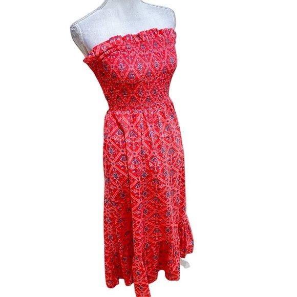 Naudic coral strapless smocked midi Dress floral front pockets metallic size xs - Picture 2 of 10